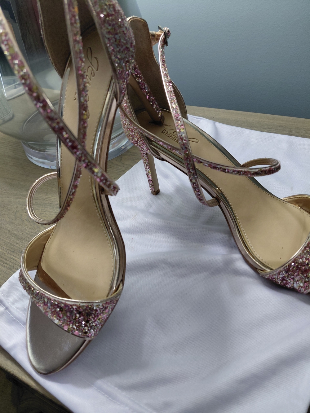 Badgley Mischka Pink Glitter Strappy Stiletto Sandals